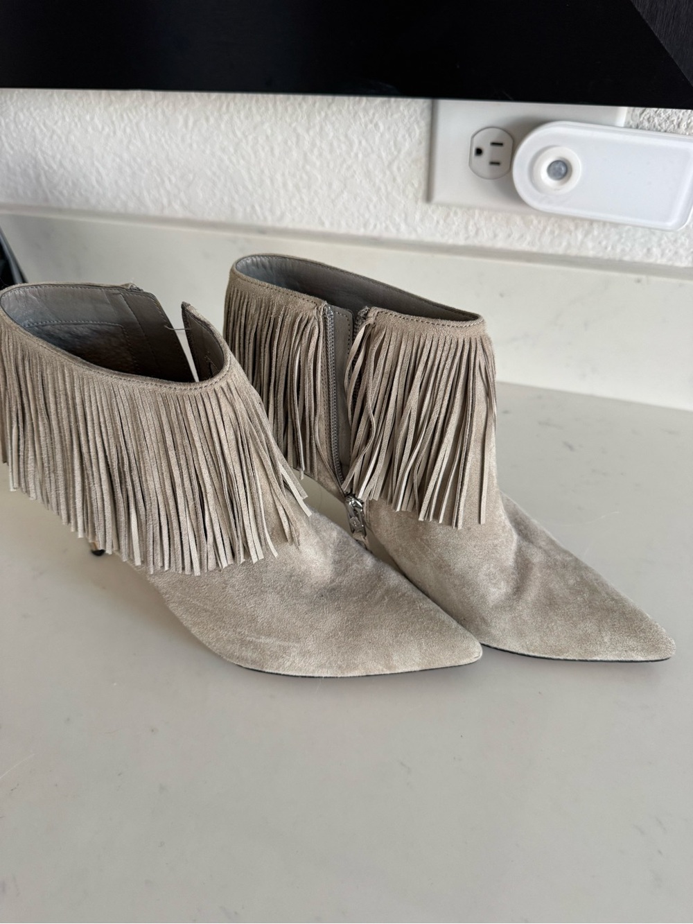 Sam Edelman Taupe Suede Fringe Pointed-Toe Booties